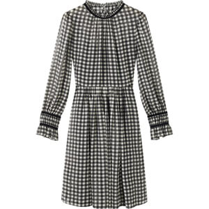 LK Bennett Verity Black And Cream Gingham Printed Dress With Velvet Trim